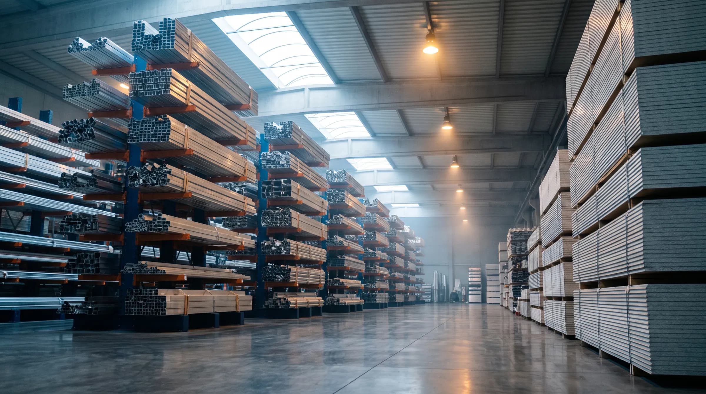 Racked aluminium stock in a warehouse interior